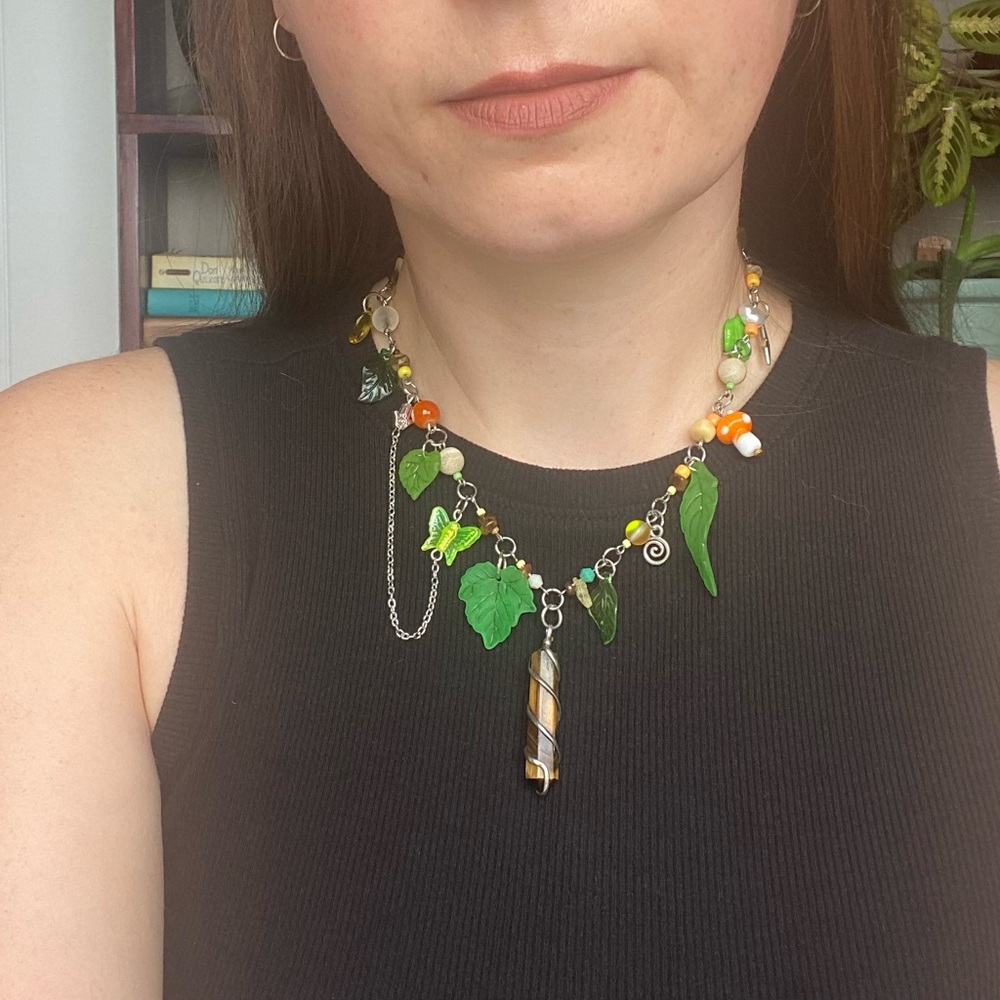 Greenwood Fairy Beaded Charm Pendant Necklace Leaves Tiger’s Eye Butterfly Chain